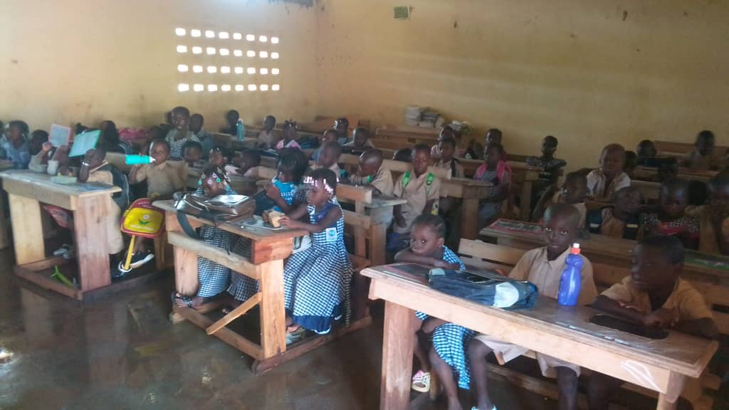 Students reading at wooden desks in a sunlit classroom